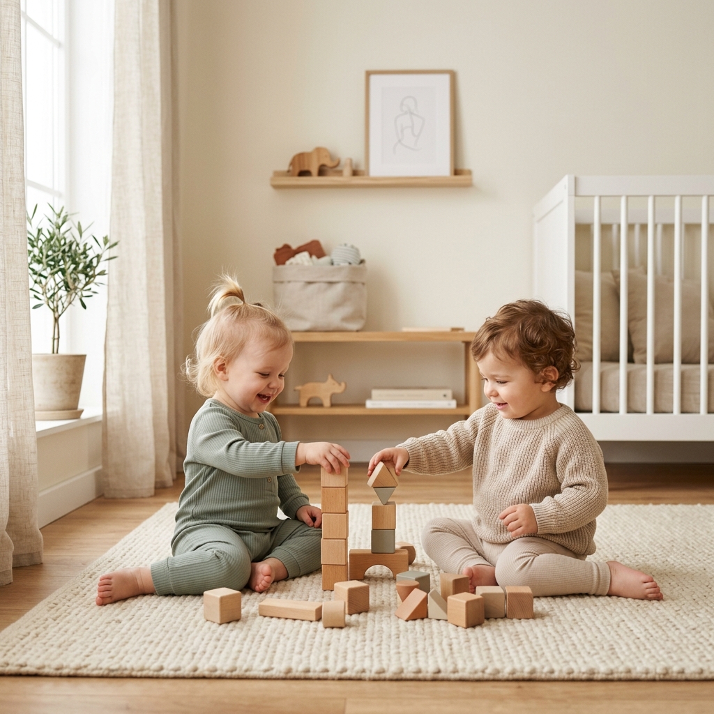 Happy toddlers playing with wooden blocks wearing Threadori apparel